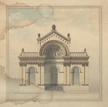 Dessin de la façade de la synagogue d'Épernay, 1890 (Service Archives-Patrimoine d'Épernay, fonds Hennequin, non coté).