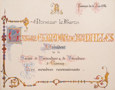 Livre d'or offert au comte Gaston Chandon de Briailles, président de la Société d'Horticulture et de Viticulture, [1894] (Service Archives-Patrimoine d'Épernay, 21S4).