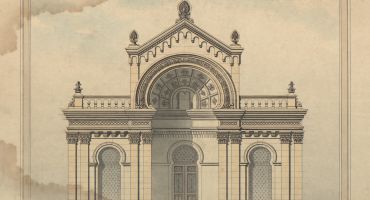 Dessin de la façade de la synagogue d'Épernay, 1890 (Service Archives-Patrimoine d'Épernay, fonds Hennequin, non coté).