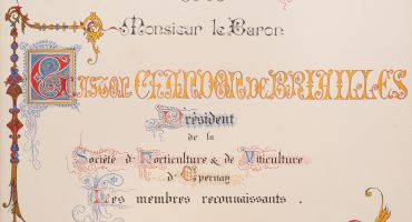 Livre d'or offert au comte Gaston Chandon de Briailles, président de la Société d'Horticulture et de Viticulture, [1894] (Service Archives-Patrimoine d'Épernay, 21S4).